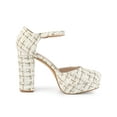 thumbnail image 3 of BLISSFUL STEP Women's Plaid Platform Ankle Strap Block Heel Mary Janes Pumps White Gold 11, 3 of 7