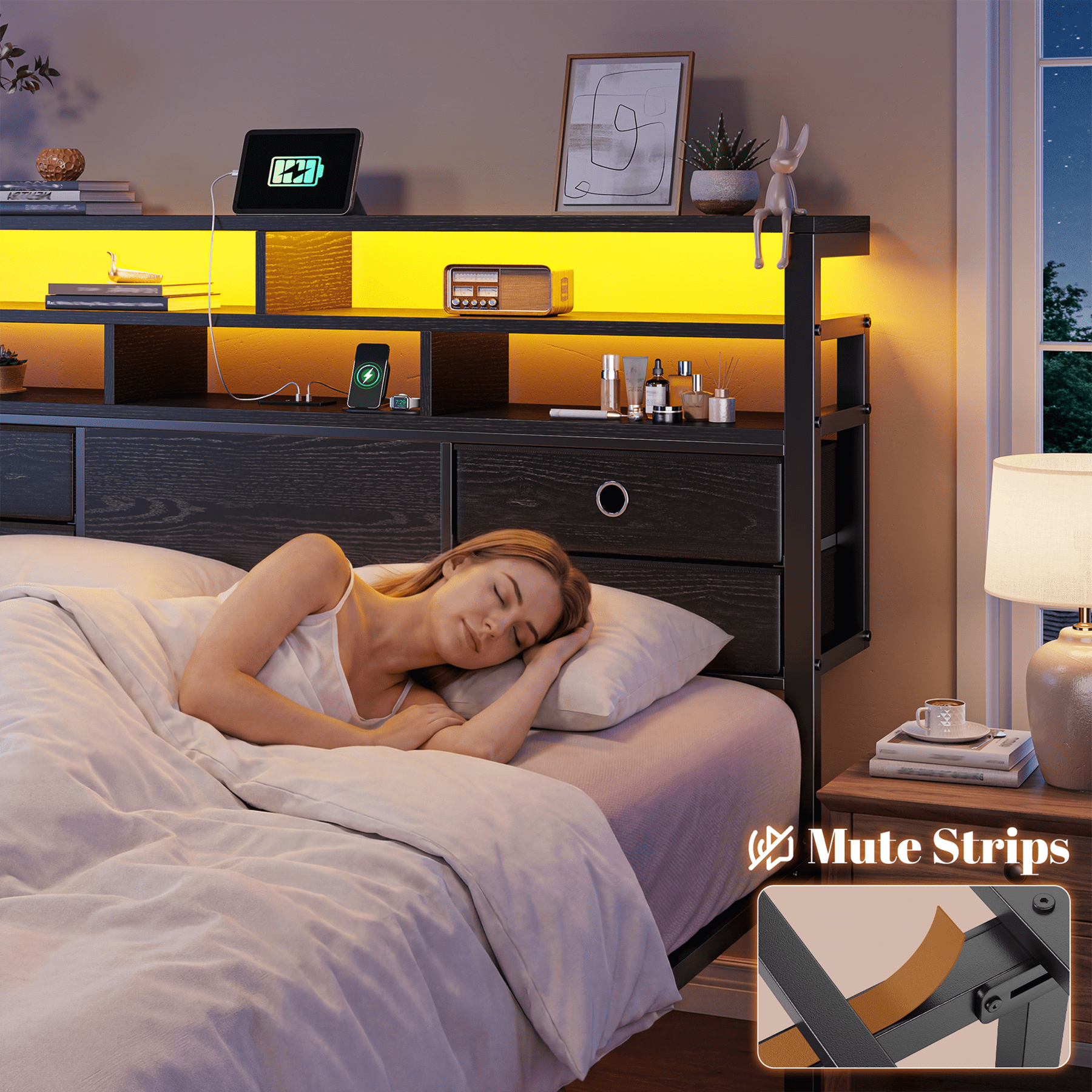 EnHomee Metal Bed Frame King with Headboard Metal Bed Frame with 4 Storage Drawers & 2-Tier Shelf & LED Light & Charge Station,Black