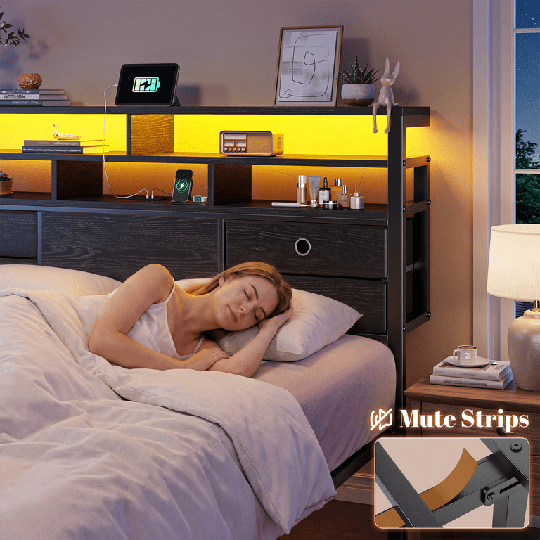 EnHomee King Metal Bed Frame with Storage, LED Light & Charging photo 3