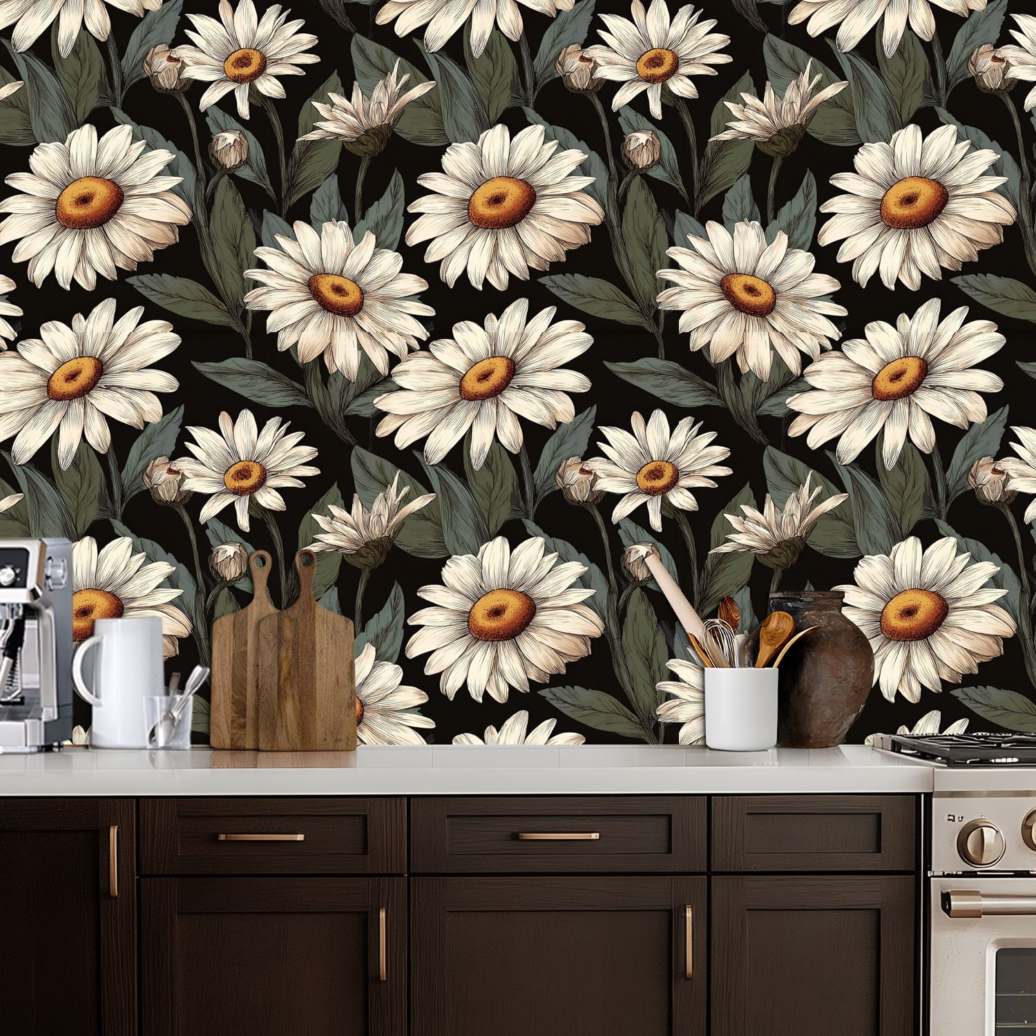 Peel and Stick Wallpaper White Daisy Flowers Green Leaves Black Botanical Wall Mural 17.7in x 9.8ft Self Adhesive Removable Wall Paper Renter Friendly Wallpaper for Nursery Bedroom Cabinets