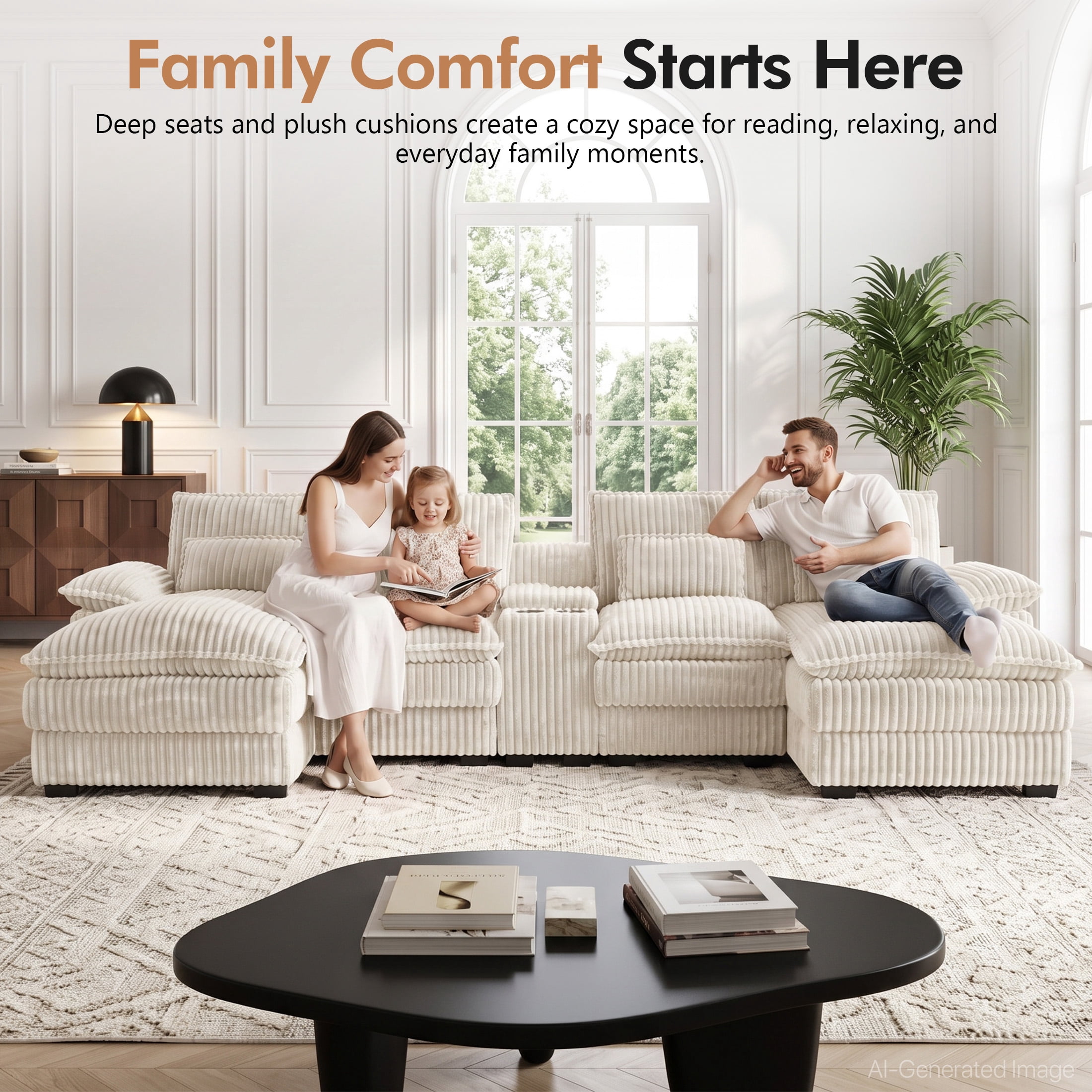 Aenkyo 125 Inch Chenille U-Shaped Sectional Sofa with Console and USB Ports, White