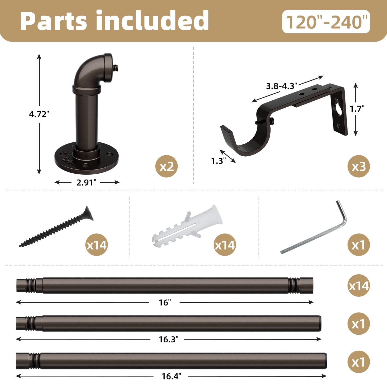 120" to 240"Curtain Rods for Windows,1 inch Industrial Curtain Rod, Adjustable Wrap Around Curtain Rods,Industrial Indoor/Outdoor Curtain Rod,Bronze