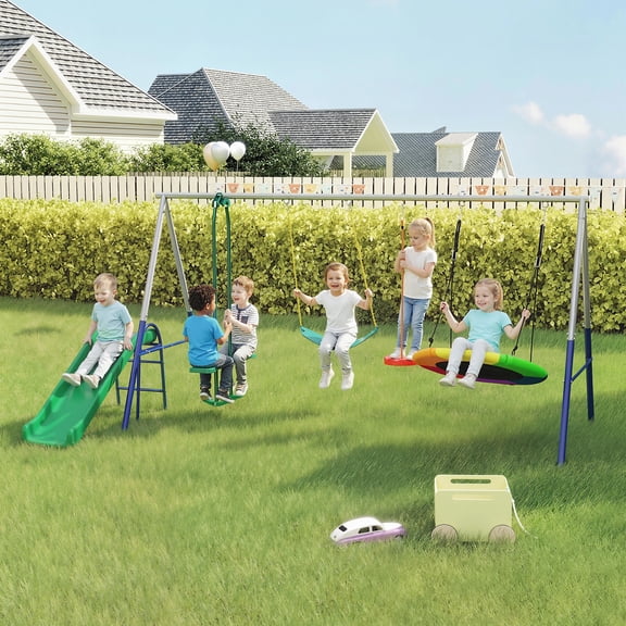 Qaba 5-in-1 Kids Swing Set for Backyard, 770lbs Capacity Outdoor Playset with Slide, Swings and Glider, Adjustable Height, Ages 3-8, Mixed Color