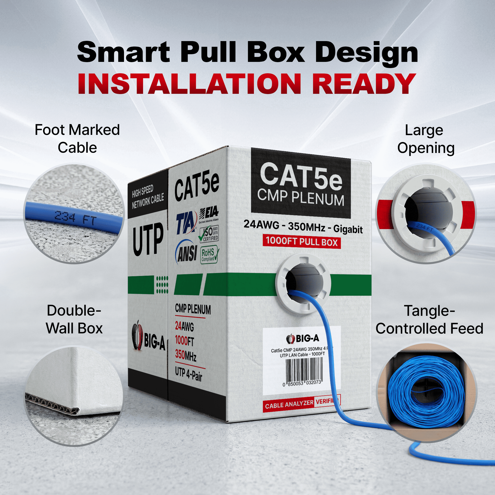 Big-A - 1000ft Cat5e Plenum Ethernet Cable, Blue, 350MHz, 24AWG UTP, CMP Rated, Solid Network LAN Cord, Compatible with Printer, Gaming Consoles, Router, VoIP Phones, POE IP Cameras