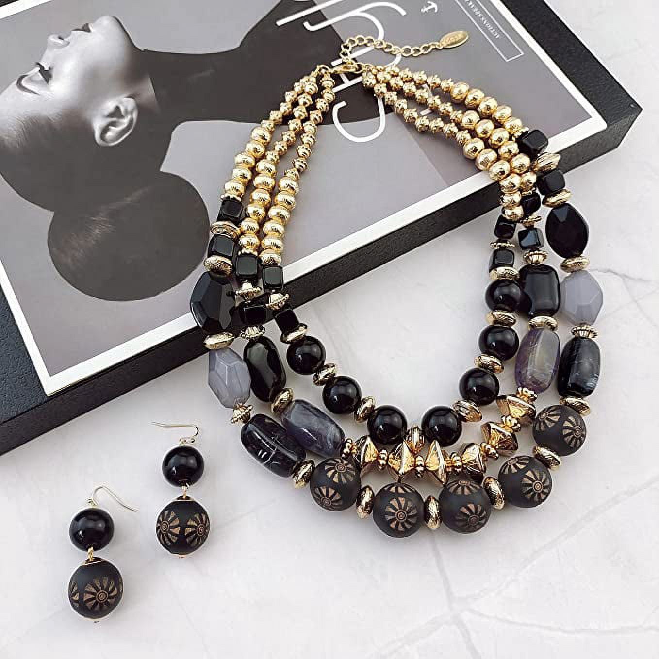 Bocar 3 Layer Chunky Statement Beaded Necklace and Earrings Set, Fashion Multi Layer Women Collar Necklace Jewelry Set (NK-10625-Black Set)