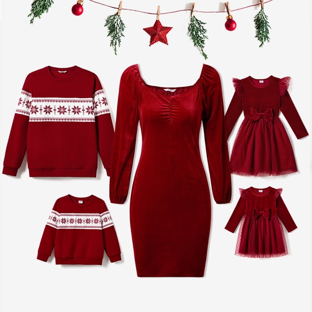 Conjuntos de blusas de manga larga con bloques de color y vestidos de terciopelo a juego para toda la familia para Navidad