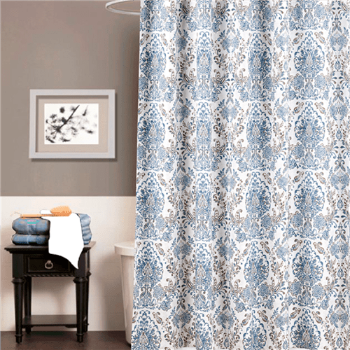 blue and tan shower curtain