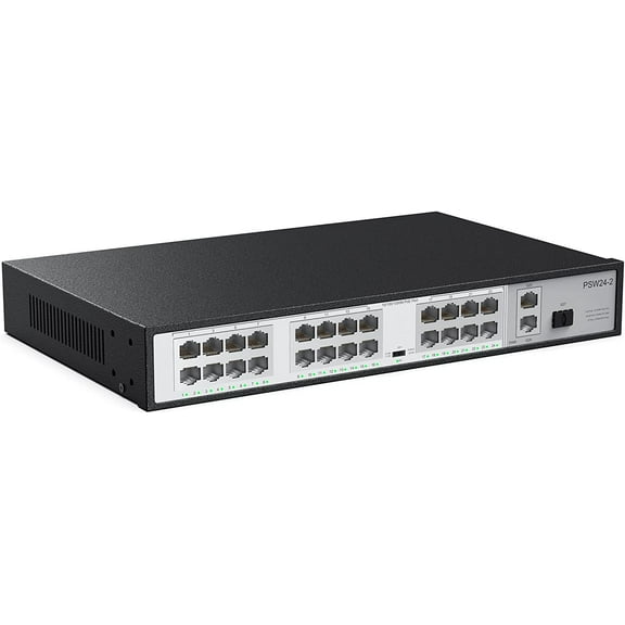 24 Port 10/100Mbps PoE  Switch with 2 Gigabit Uplink Ports, Up to 30W Per Port, Total Budget 250W, 803.af/at Compliant, 10/100Mbps