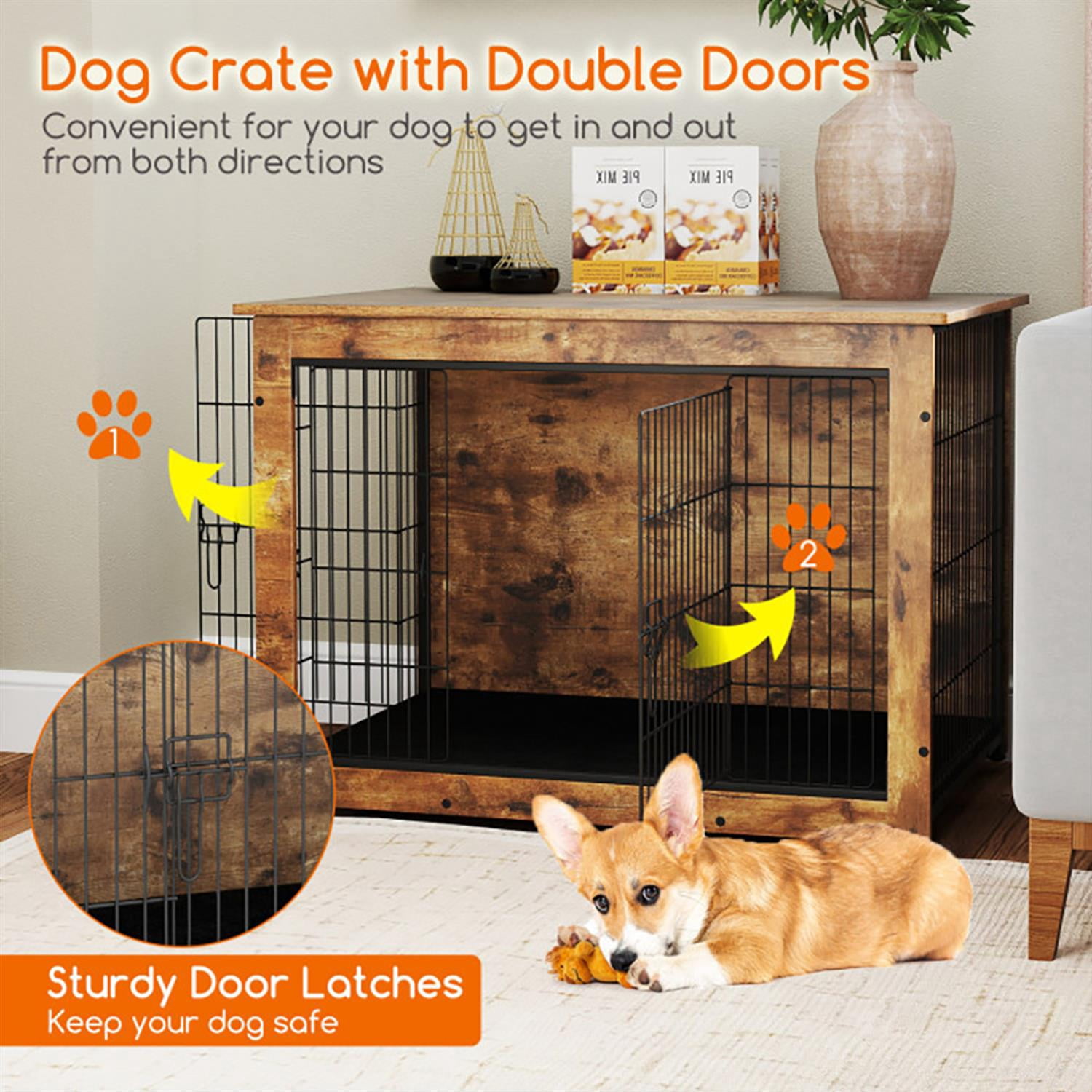 Demi Bonn 37" Dog Crate Furniture with Cushion, Wooden Kennel Table with Double Doors, Indoor Dog House for Medium Dogs, Brown