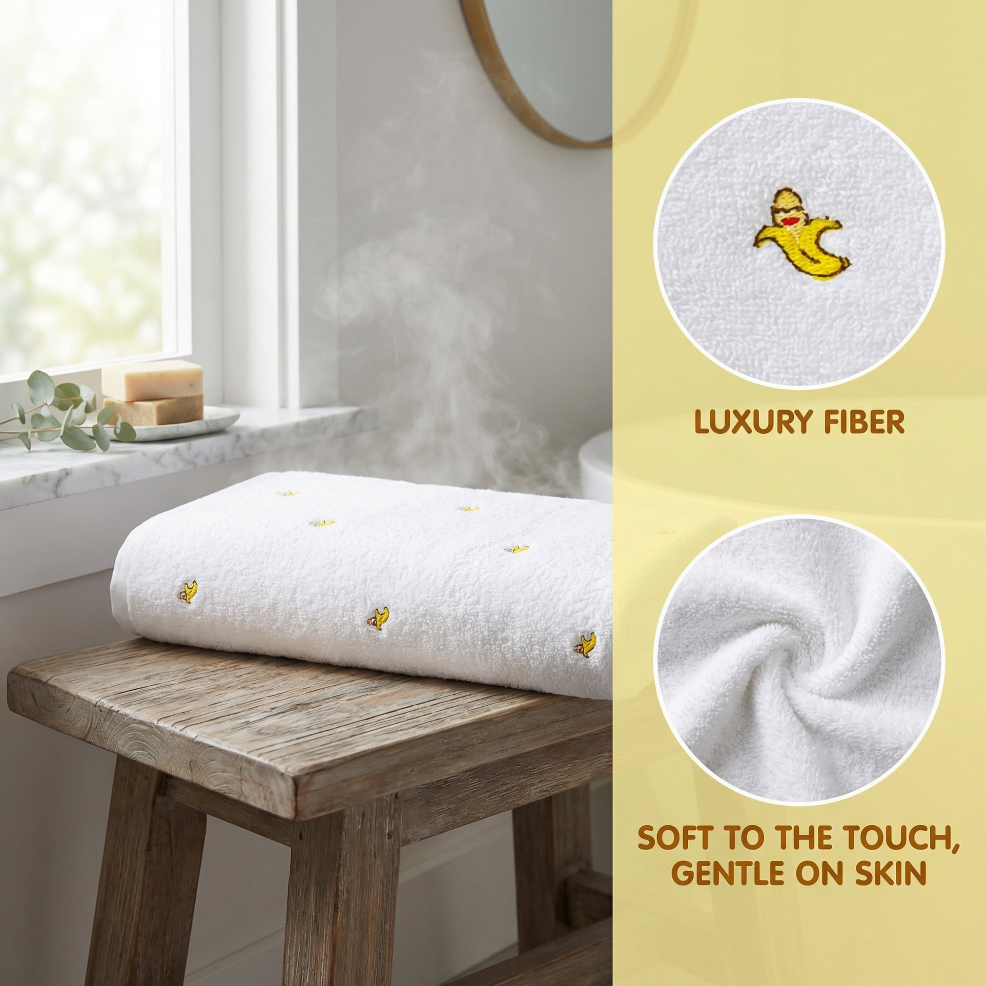 Unique Bargains Soft Absorbent Bath Towel 2 Pack Banana White/Banana Yellow 55"x28"