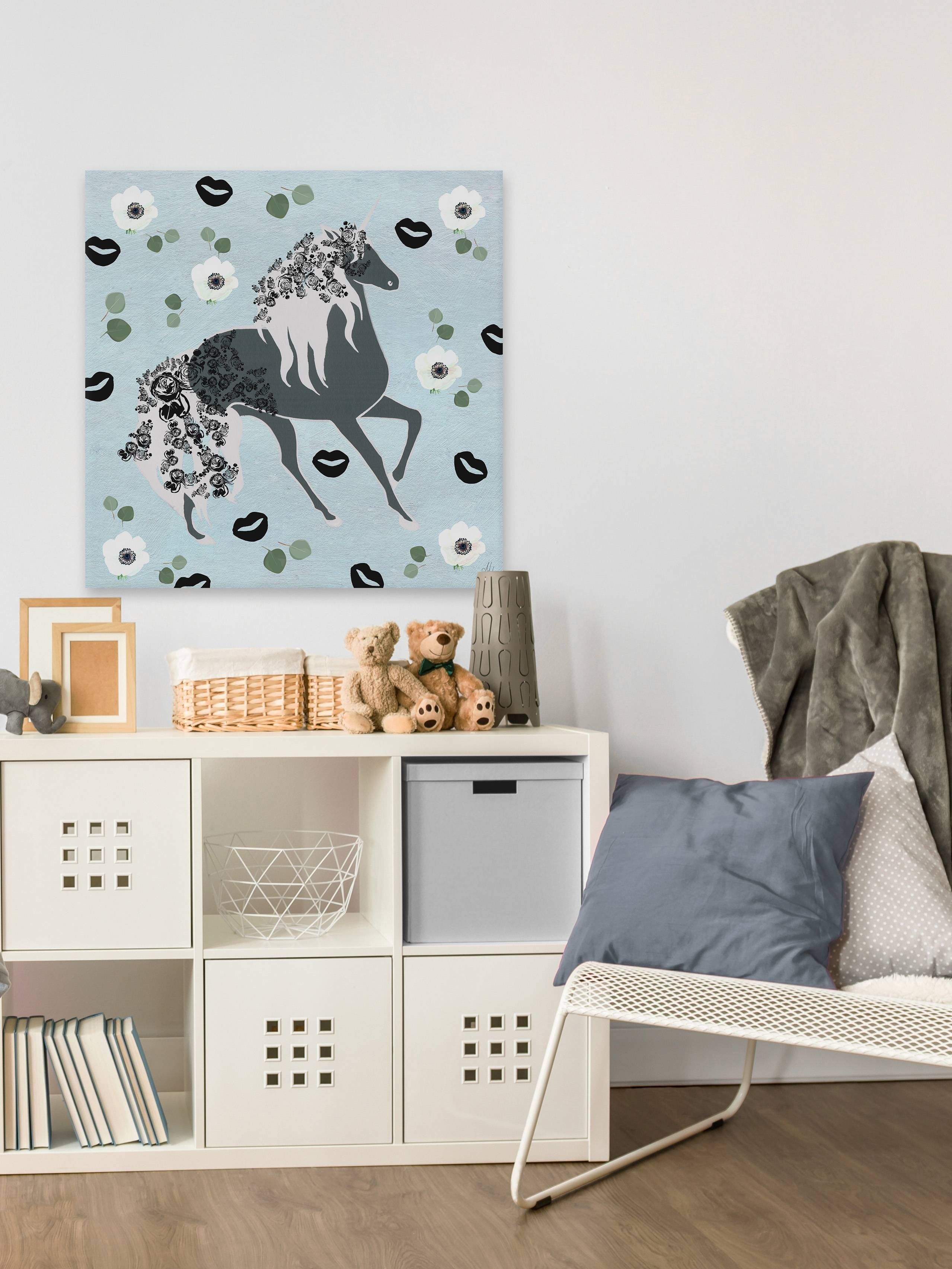 Marmont Hill Black Floral Unicorn Canvas Wall Art