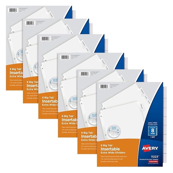 Big Tab Extra-Wide Insertable Clear Tab Dividers for 3 Ring Binders, 8-Tab Set, White, 6 Sets (11254)