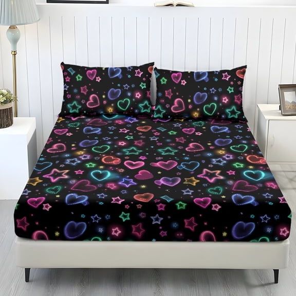SEANATIVE Twin Fitted Sheet Set 3 Piece with 1 Fitted Sheet and 2 Pillowcases Mattress Cover Elastic Bed Sheet Set for Valentine's Day Decor, Colorful Star Heart Pattern Black