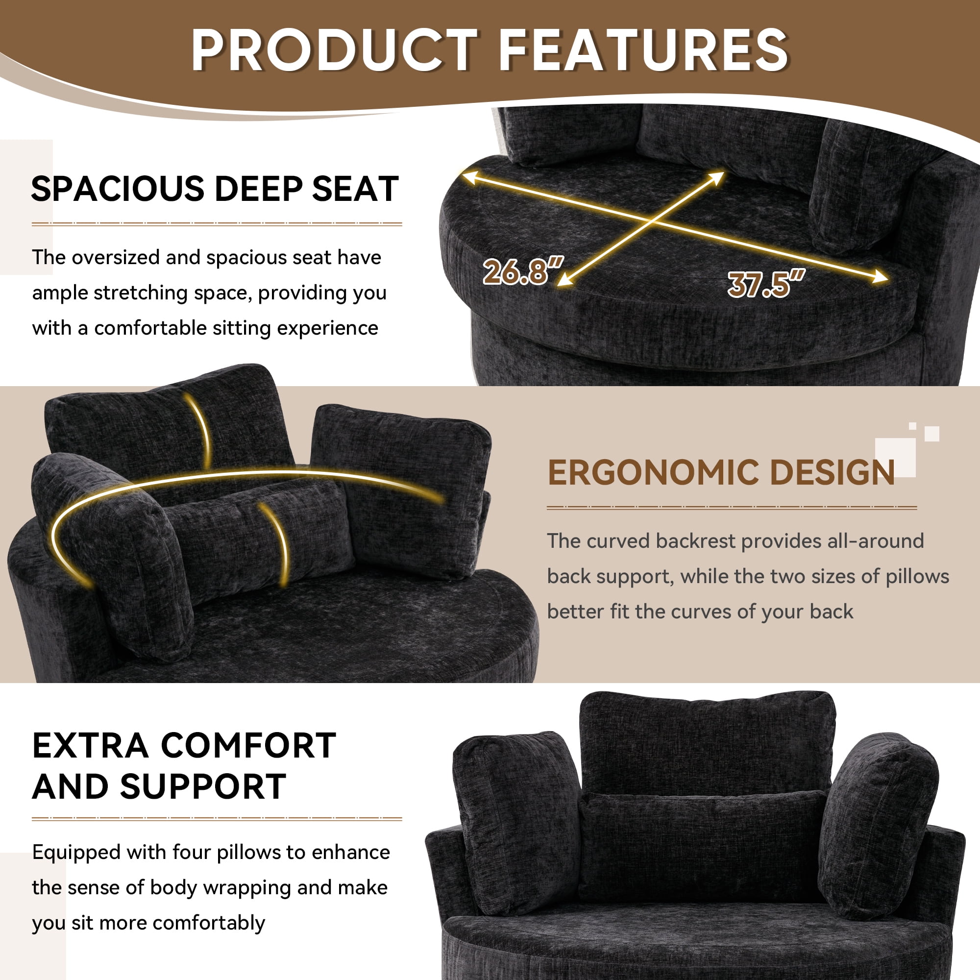 Dinosisco Oversized Swivel Accent Barrel Chair with Storage Ottoman, Chenille, Indoor, Black