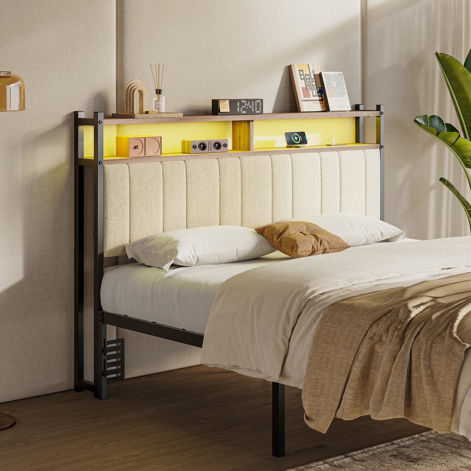 Pinmoco Headboard for Queen Size Bed with Storage, Linen Upholstered Headboard with LED & USB Charging, Beige, Headboard Only(Bed Frame Not Included)