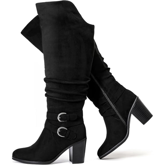 Love Steetly Women's Extra Wide Calf Knee High Boots, Slouchy Ruched Faux Leather, Double Buckle Accents, Chunky Block Heel Side Zipper Boots.