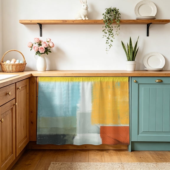 Teal Yellow Sink Skirt 11"Wx13"L,Dustproof Under Sink Curtain with Self Adhesive Tape,Orange Oil Painting Modern Abstract Geometric Cabinet Curtain Cover for Bathroom Vanity,Kitchen Storage Shelf