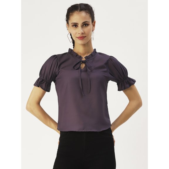 DressBerry Women’s Solid Poly Rayon Top Keyhole Neck with Adjustable Drawstrings Ruffle Puff Sleeves Waist Length Regular Wear Light Weighted Woven Summer Top