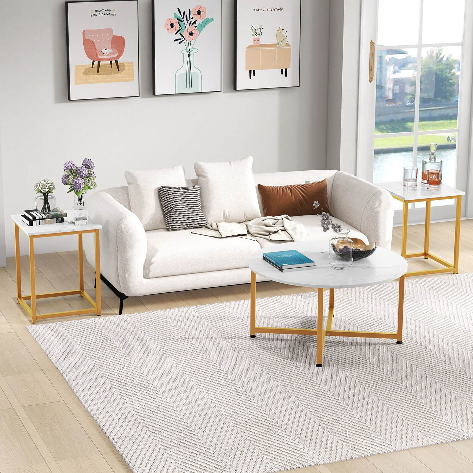 Costway 3 PCS Coffee Table Set Round Coffee Table and 2PCS Square End Tables Metal Frame White