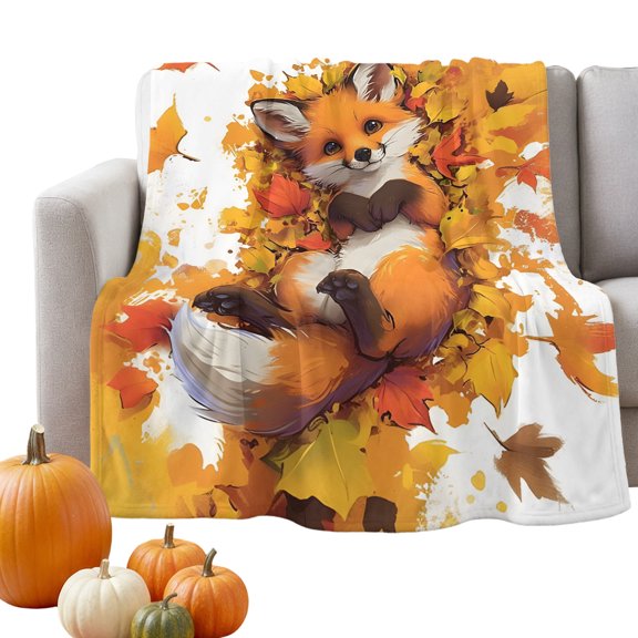 Fleece Blanket Cute Fox Lying in Orange Maple Leaves Blankets,Soft Cozy Warm Flannel Throw Blanket,Autumn Botanical Blanket for Bed Couch Sofa 50x60in