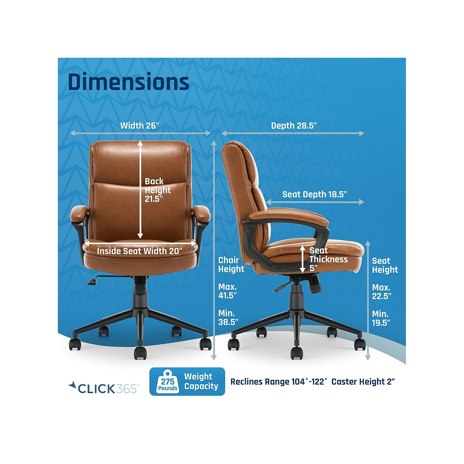 Click365 Transform 2.0 Ergonomic Mid Back Desk Chair Bonded Leather Cognac