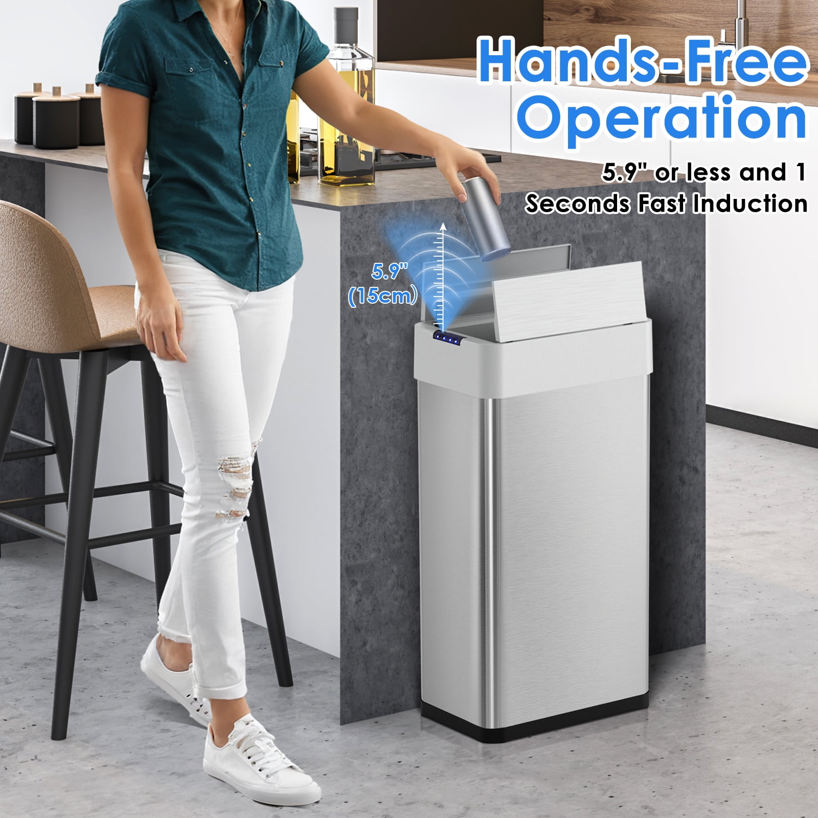 LAZY BUDDY 21 Gal Motion Sensor Trash Can Motion Sensor Garbage Bin, Touchless Brushed Wastebasket, 80L Stainless Steel Kitchen Bin W/Butterfly