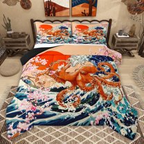 jejeloiu Japanese Ocean Waves Twin Comforter Sets,Wild Animals Octopus Bedding Set For Men Women Reversible 2pcs