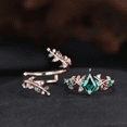 thumbnail image 3 of Vintage Kite Emerald Bridal Wedding Ring Set in 14K Rose Gold Vermeil- Unique Green Gemstone Promise Ring Cluster Ring, 3 of 6