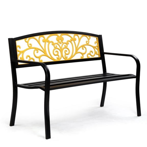 Ktaxon Outdoor Bench, Metal Patio Leisure Bench with Butterfly Backrest, 2-Person Mix-Color Weatherproof Bench for Porch, Backyard, Poolside, Entryway (Black & Yellow)