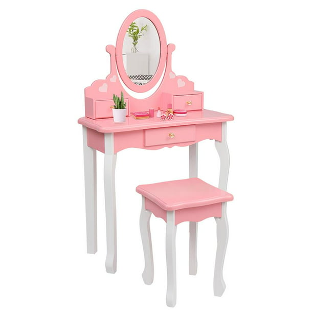 Ktaxon Kids Vanity Table And Chair Set, Pink Wooden Play Vanity Set