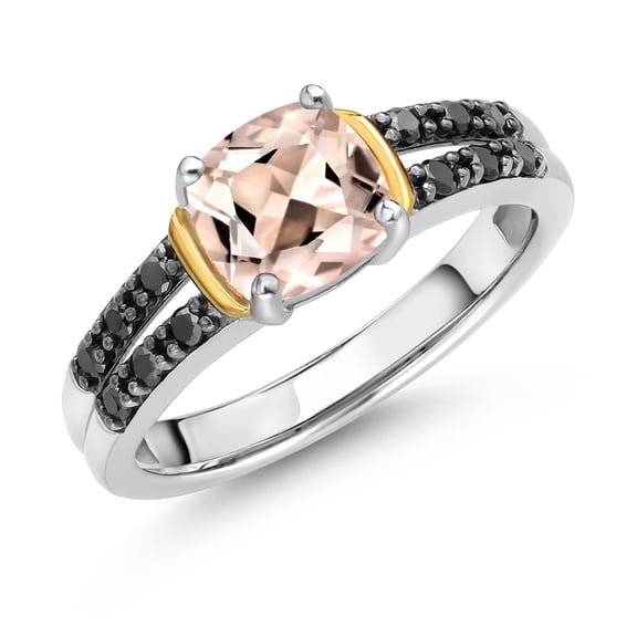 Gem Stone King 925 Silver and 10K Yellow Gold Peach Morganite and Black Diamond Engagement Ring for Women (0.96 Cttw, Gemstone October Birthstone, Cushion 6MM, Size 9)