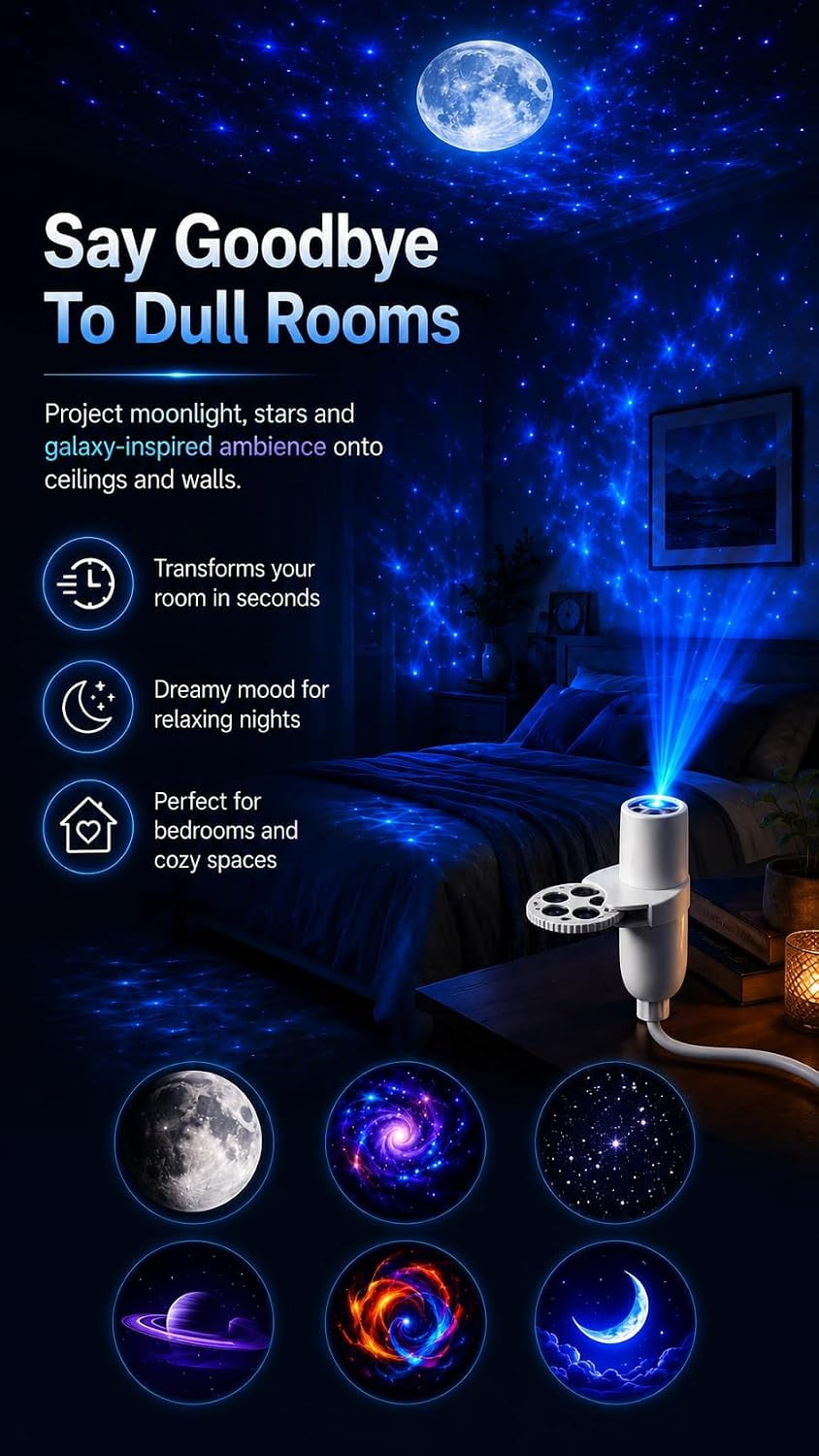 Uktrendzone Projector, Moon Galaxy Night Light for Bedroom | LED Starry Sky Lamp with 360 Degree Flexible Gooseneck, USB Powered Galaxy Light for Home Decor Sleep Mood Lighting(15 patterns)