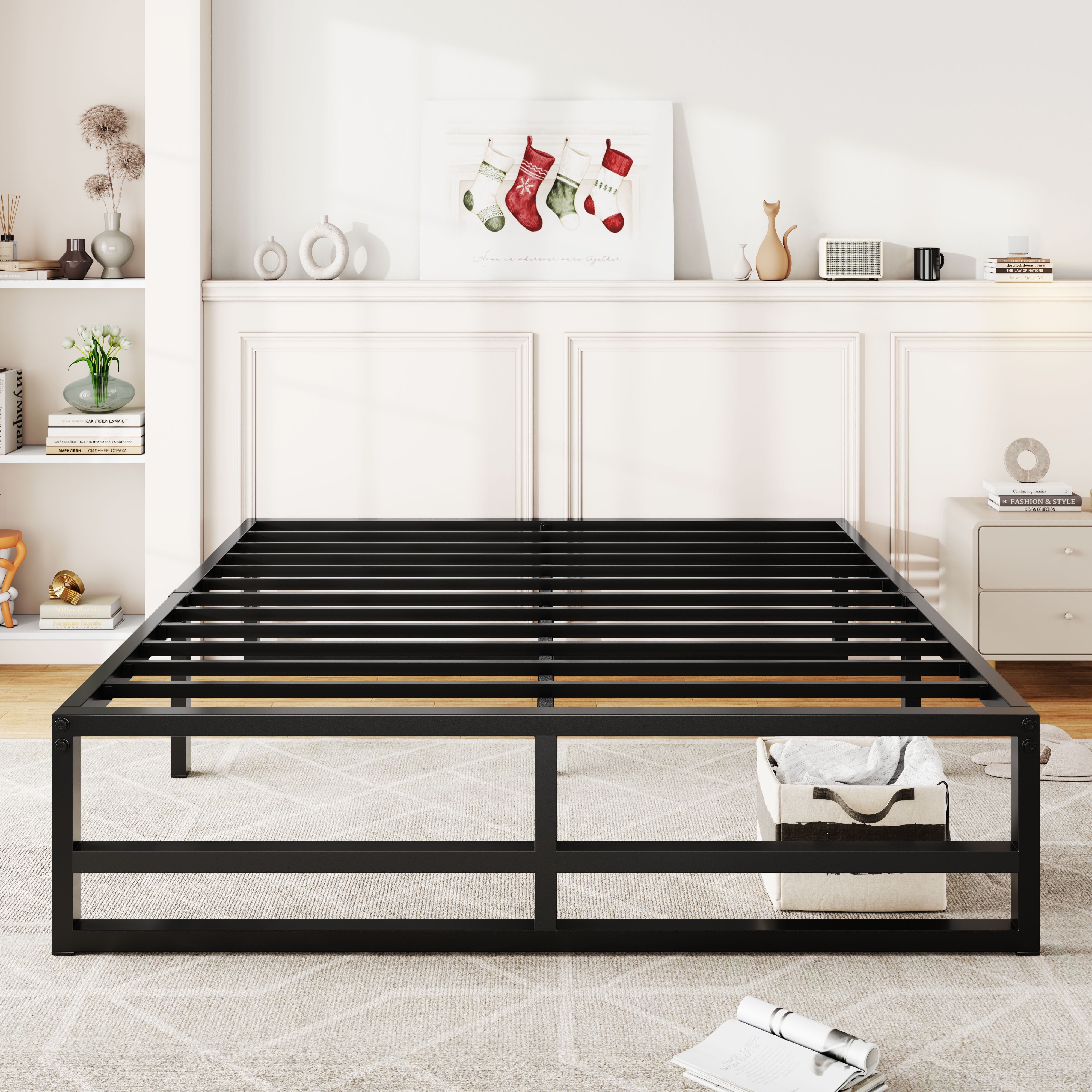 Allewie Queen Size Metal Platform Bed Frame with 14" Under Bed Storage, Strong Metal Slats Support, Black