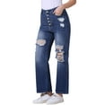 thumbnail image 4 of Jeans rasgados para mujer INSPIRE CHIC, con botones frontales, elásticos, agujeros destruidos, de tiro alto, talla 2XL, azul profundo, 4 of 6