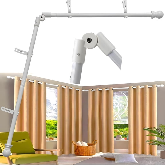Curtain Rod, 1" Heavy Duty L-Shaped Curtain Rods, 36-136" Adjustable with 180° Connector, DIY Angled Curtains Rod for Bay Window, Corner Windows and Curved - White