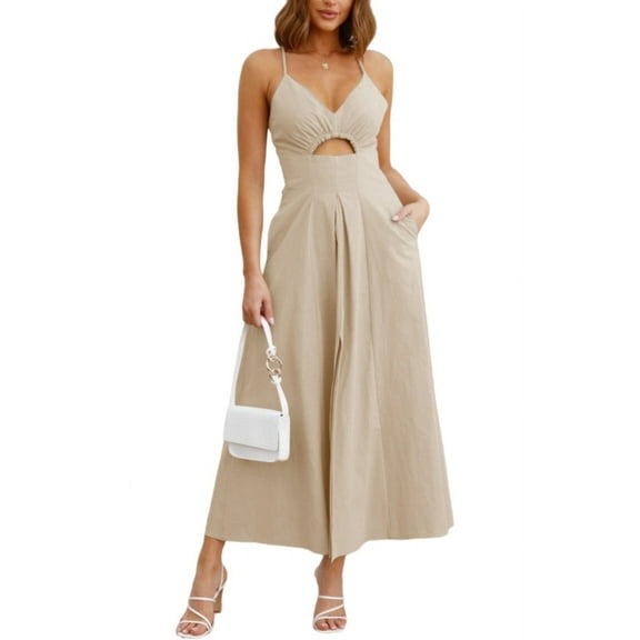 FreshPretty Women Summer Spaghetti Strap Dress Sleeveless V Neck Cutout Slit Casual Beach Party Maxi Dresses with Pockets