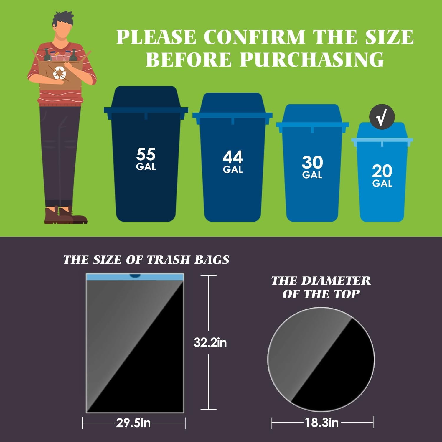 20 Gallon 60 Counts (fit 18-20 Gal) Large Drawstring Trash Bags Strong Tall Kitchen Compactor Bags s for Home/Office/Light Residential Waste/Outdoor Trash Can, Lawn，Black Trash