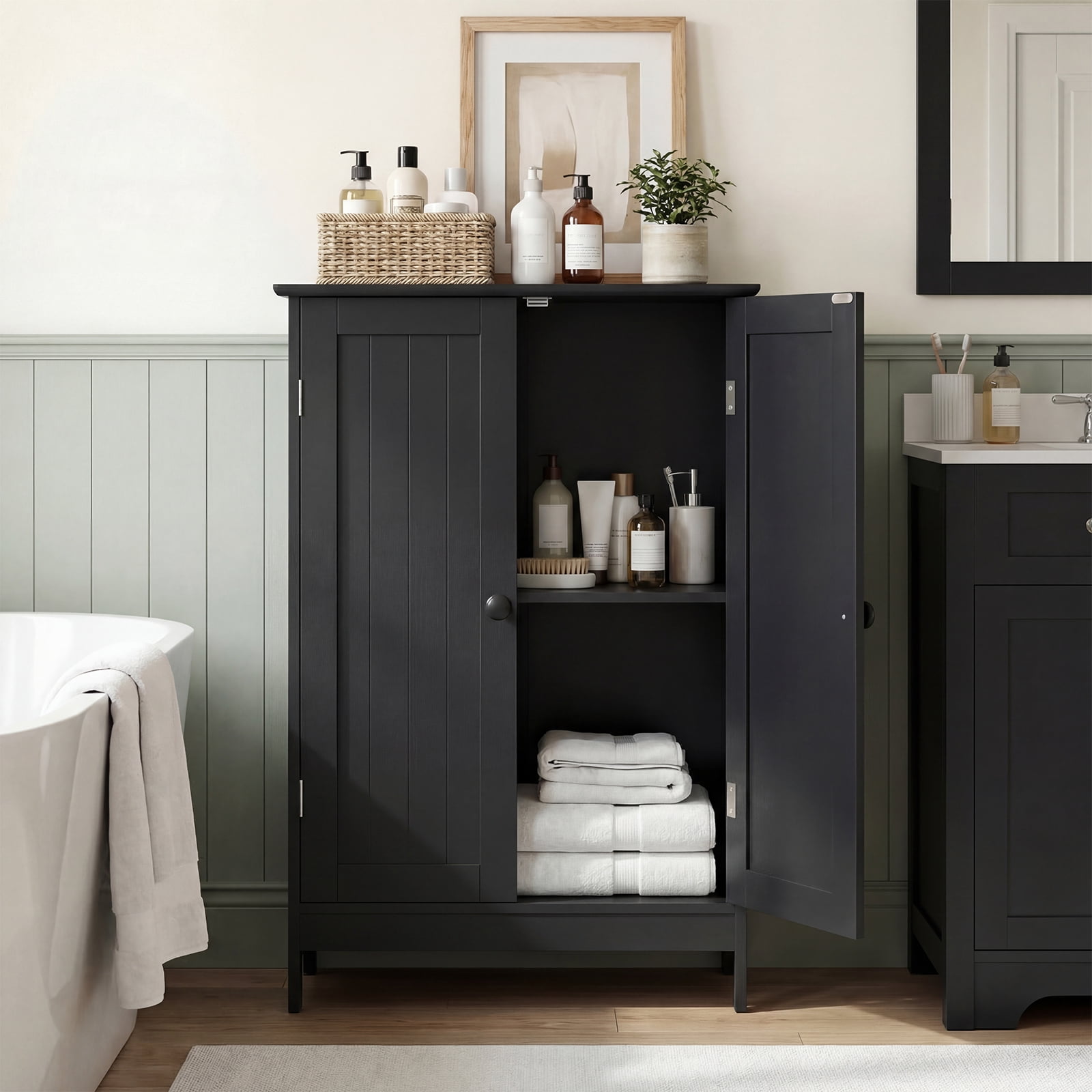 Gymax Bathroom Storage Cabinet Freestanding Wooden Floor Cabinet w/ Double Doors Black