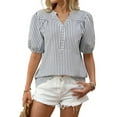 thumbnail image 3 of Womens Short Puff Sleeve Striped Blouses Top V Neck Loose Fit Casual Summer Work Blouses Striped Shirt Dark Blue S, 3 of 9