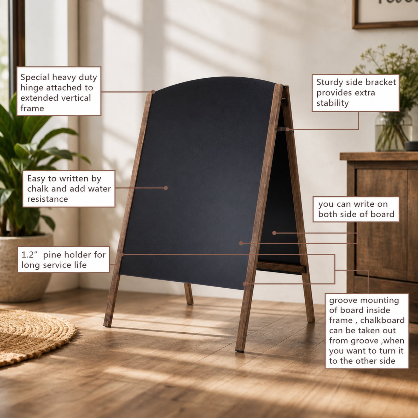 SUGIFT 40 Inch Wood A Frame Sidewalk Sign, Double Sided Chalkboard Folding Sandwich Board for Wedding Restaurant Cafe Menu Advertising and Announcements, Black and Coffee Finish