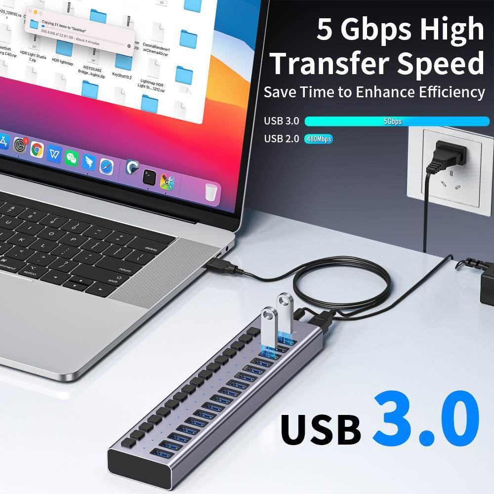 ACASIS 16 Ports 90W USB 3.0 Hub, Aluminum Housing, Individual Switches, 12V/7.5A Adapter, 5Gbps Speed