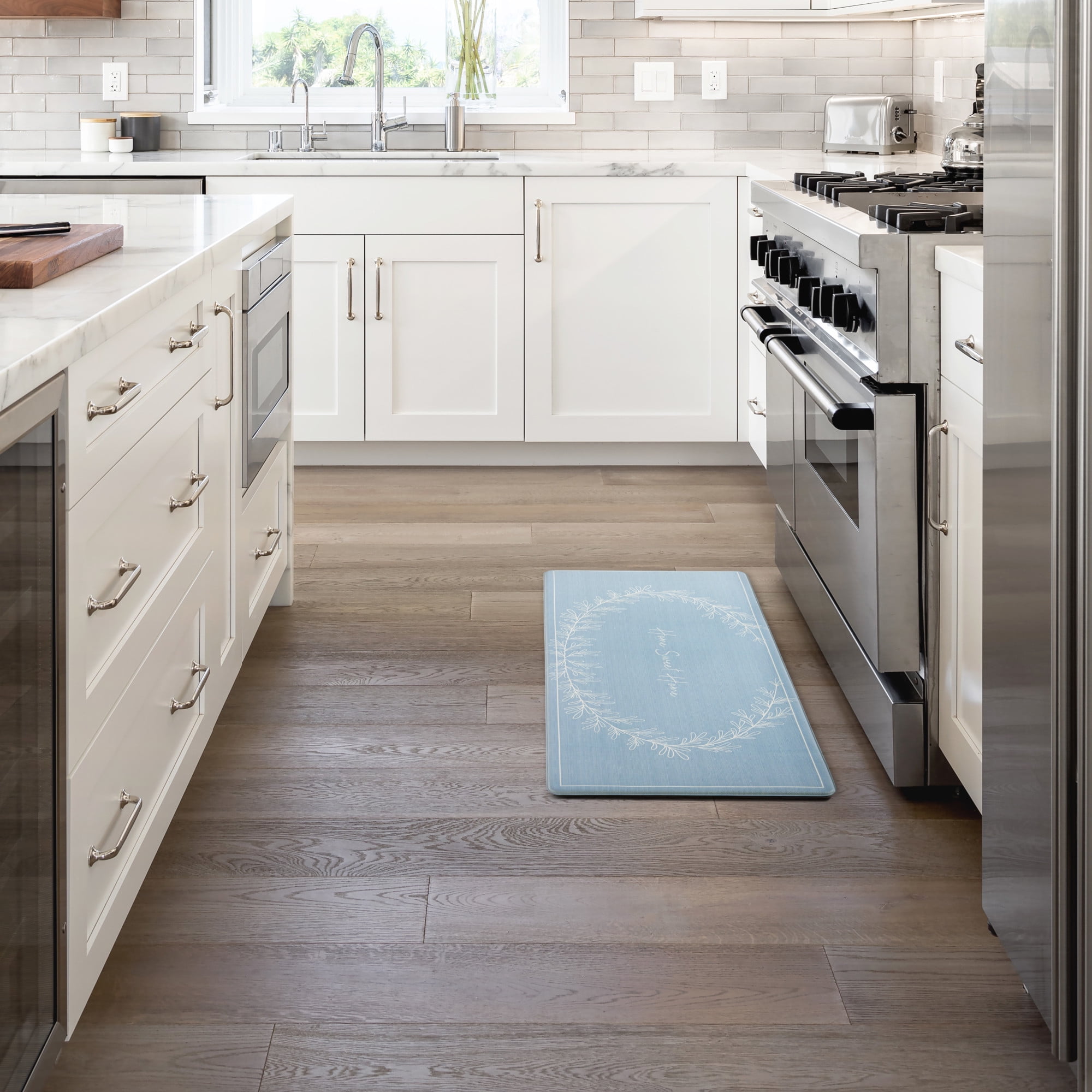 MARTHA STEWART Bloomfield Home Sweet Home Leaf Frame Kitchen Mat, Comfort Standing Mat, Non-Slip Backing, Water & Stain Resistant, Blue, 18"x48"