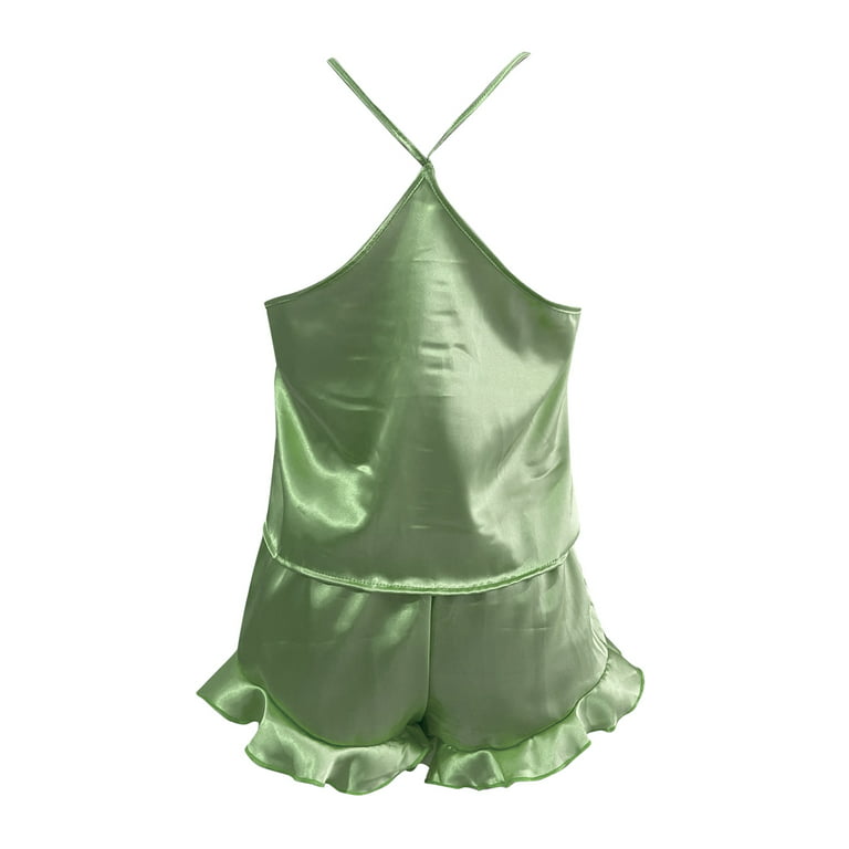 2DXuixsh Long Silk Pajamas for Women Women's Silk Satin Ruffled Pajamas  Sets Cami Shorts Sets Sleepwear Satin Pajamas Cami Shorts Set Nightwear Pajamas  Set Printed Top Polyester Mint Green M 
