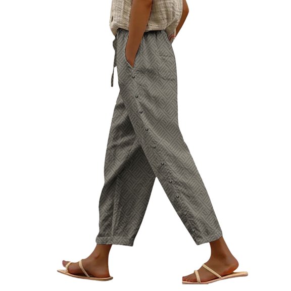 Bovemsi Womens Pants Women's Elastic Belt With Pocket Trousers Side Cropped Loose Casual Printed Straight Travel Pants