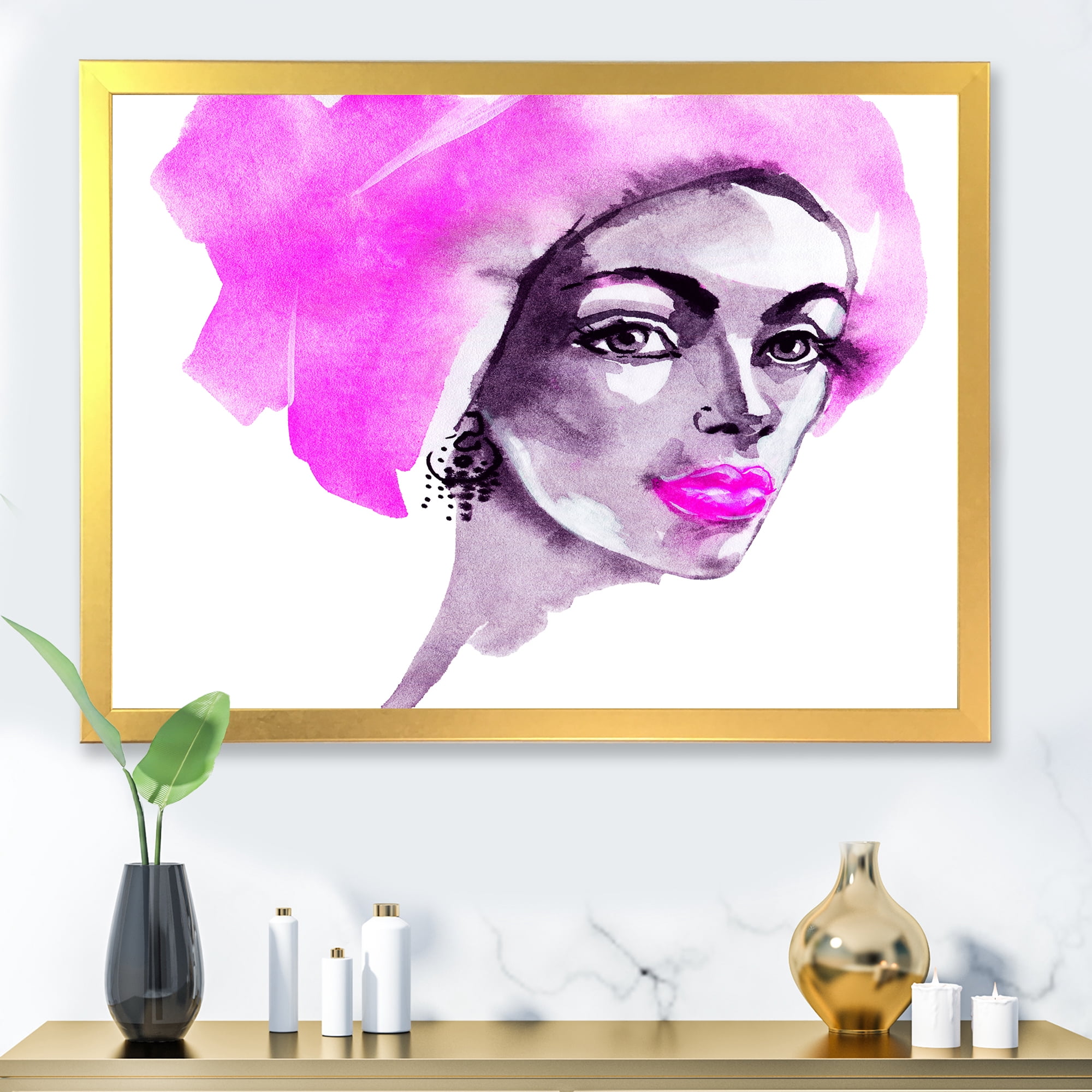 Designart 'Afro American Pink Woman Fashion Portrait' Modern Framed Art Print
