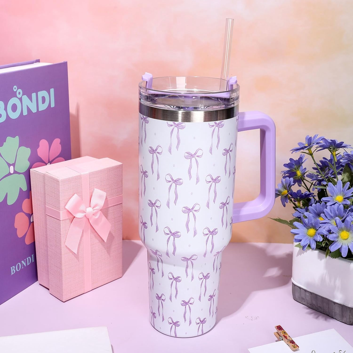 40oz Purple Bow Tumbler with Handle Straw and Lid Bow-Knot Travel Coffee Tumbler Cup for Women Friend Holiday Birthday