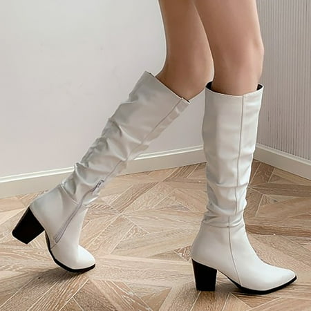 

Boots Women s Autumn Winter Solid Color Vintage Thick Low Heel Western Denim Pleated Heel Leather Side Zipper Mid Boots