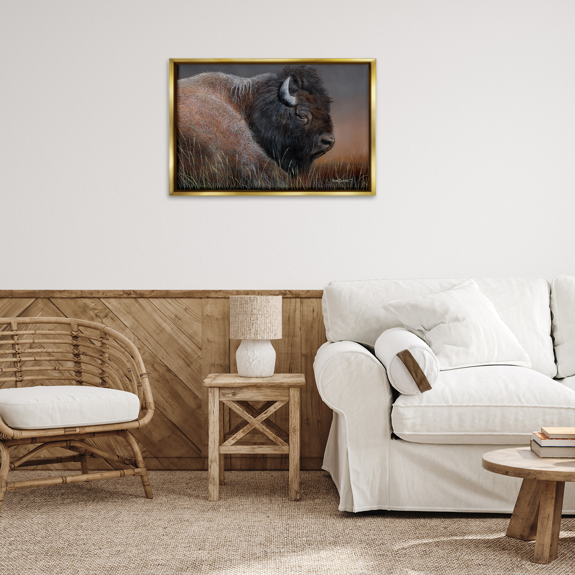 Stupell Industries Detailed Bison Close Up Animals Painting Gold Floater Framed Canvas Art Print Wall Art, 31 x 21
