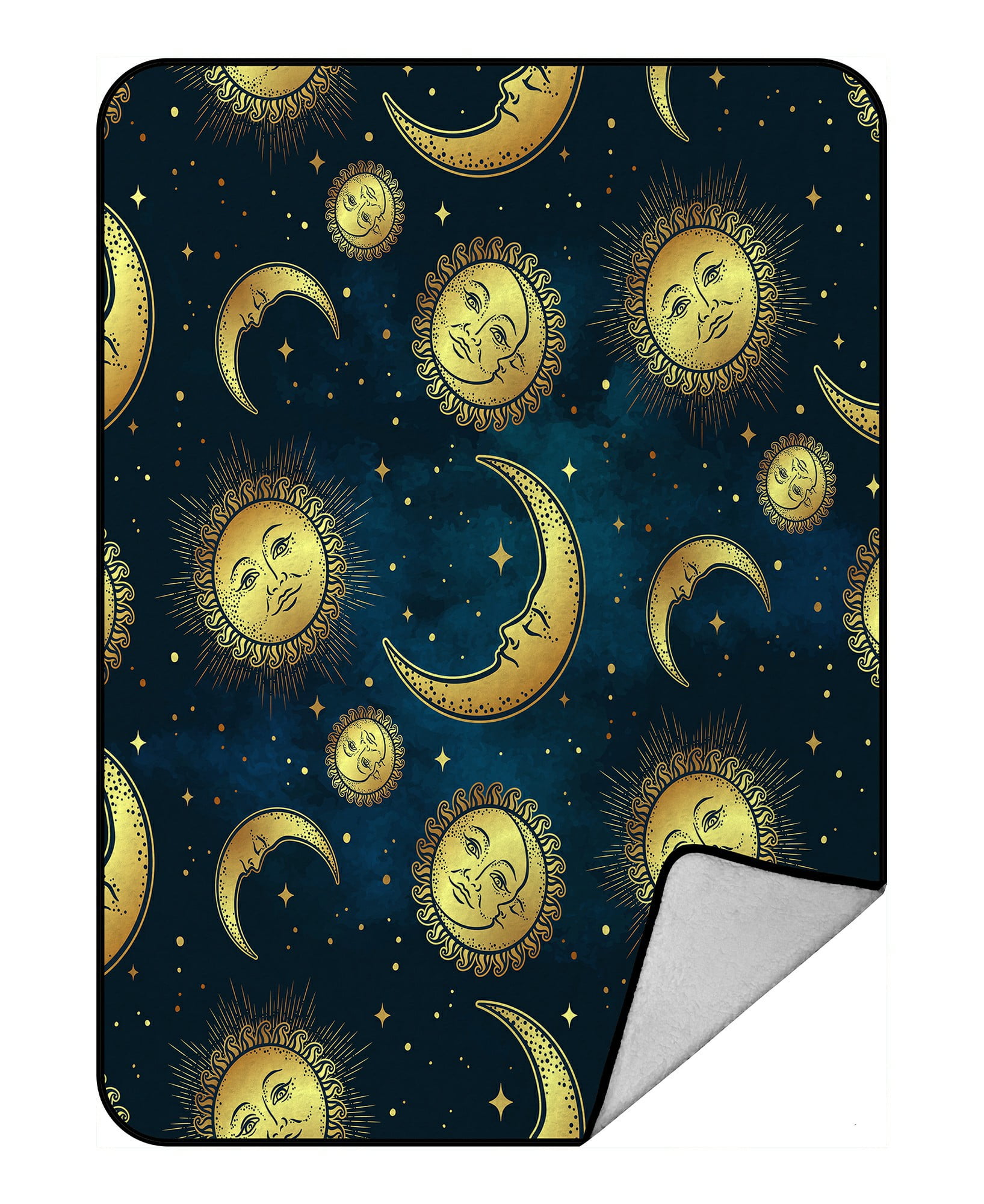 ABPHQTO Gold Celestial Bodies Moon Sun Stars Blue Night Sky Fleece