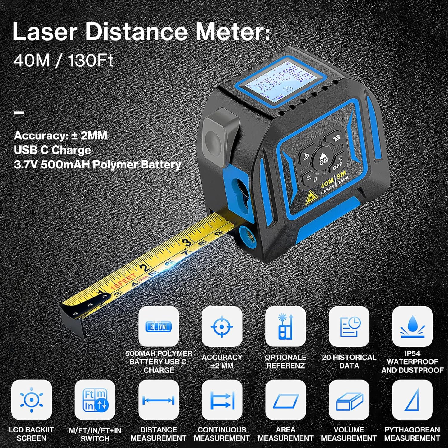 Laser Rangefinder, 2-in-1 Laser Tape Measure, 130Ft/40m Laser Measurement Tool, 16Ft/5m Measuring Tape, Digital Laser Tape Measure, LCD Display, Self-Locking Tape, Belt Clip